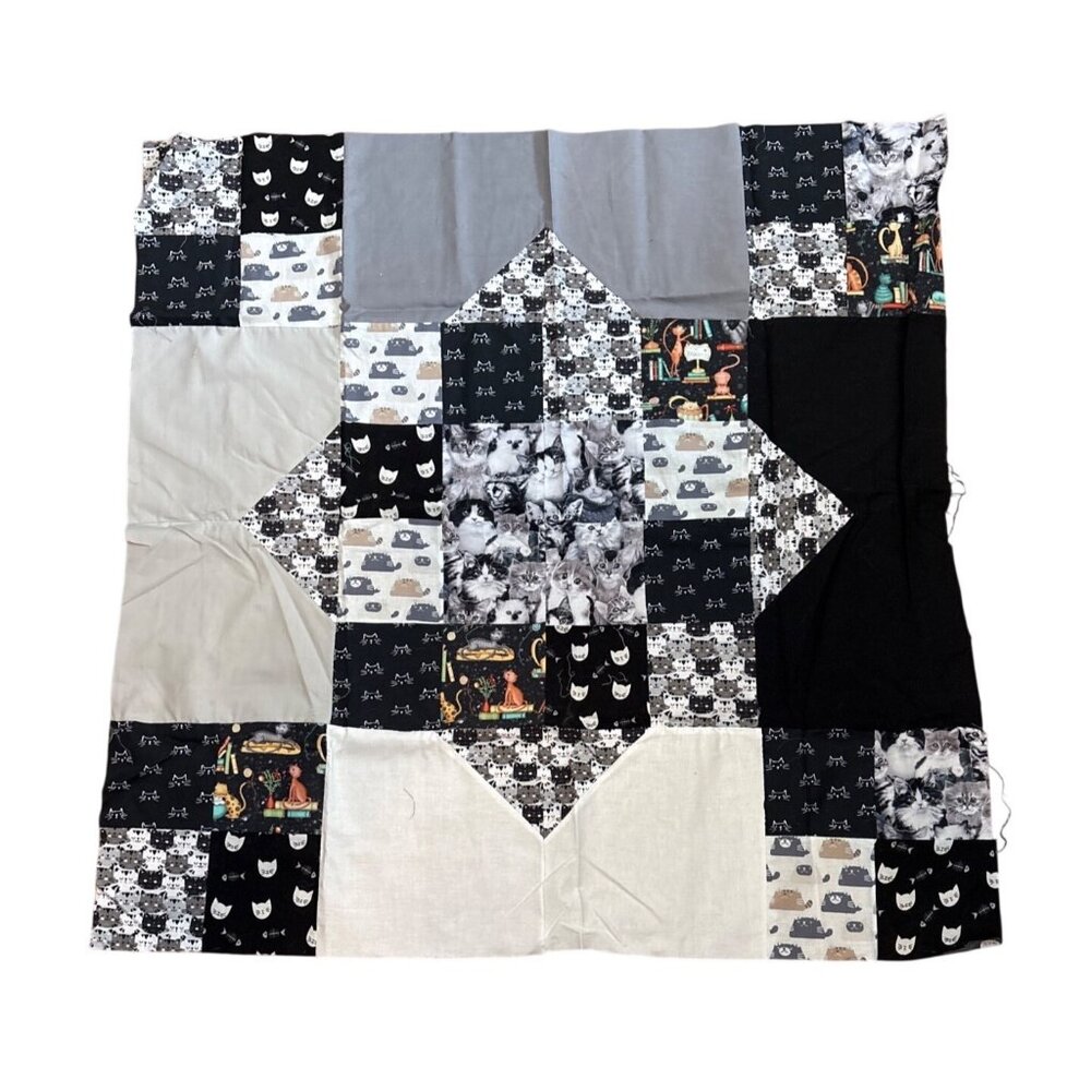 Quilt Top Cat Themed Hand Stitched Patchwork 36"x35" Cotton Black & White Fabric